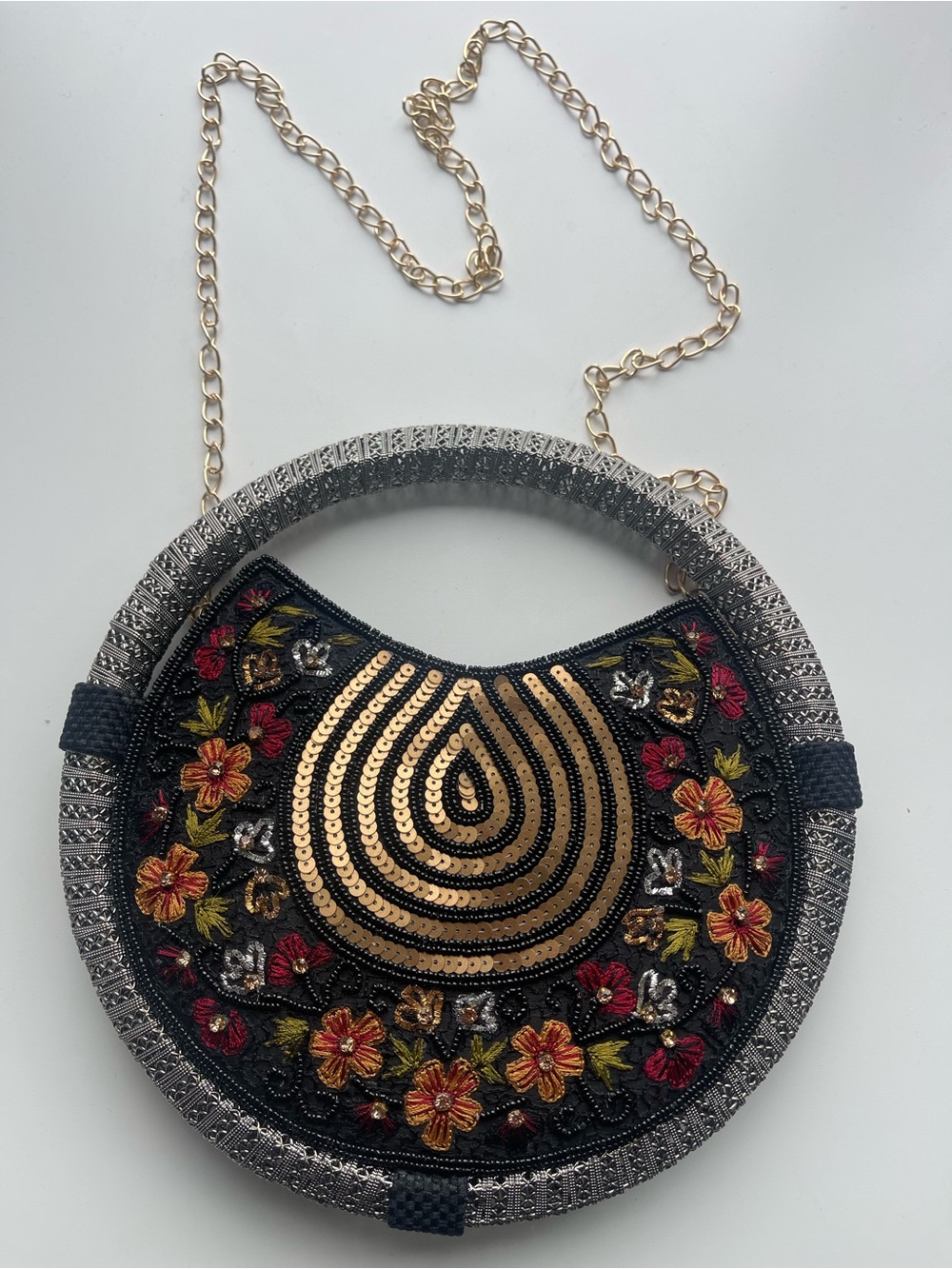 Women's Black & Gold embroidered whirl round partywear clutch & shoulder Bag